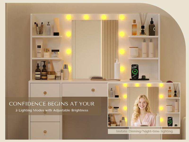 [New Year Deals] Vanity Desk with Mirror Lights 9 Drawers 6 Storage Shelves Dressing Table Power Outlet 3 Color Modes 10 LED Bulbs for Girls Bedroom,Gift for Daughter, Wife & Mom – Girls Bedroom Essential