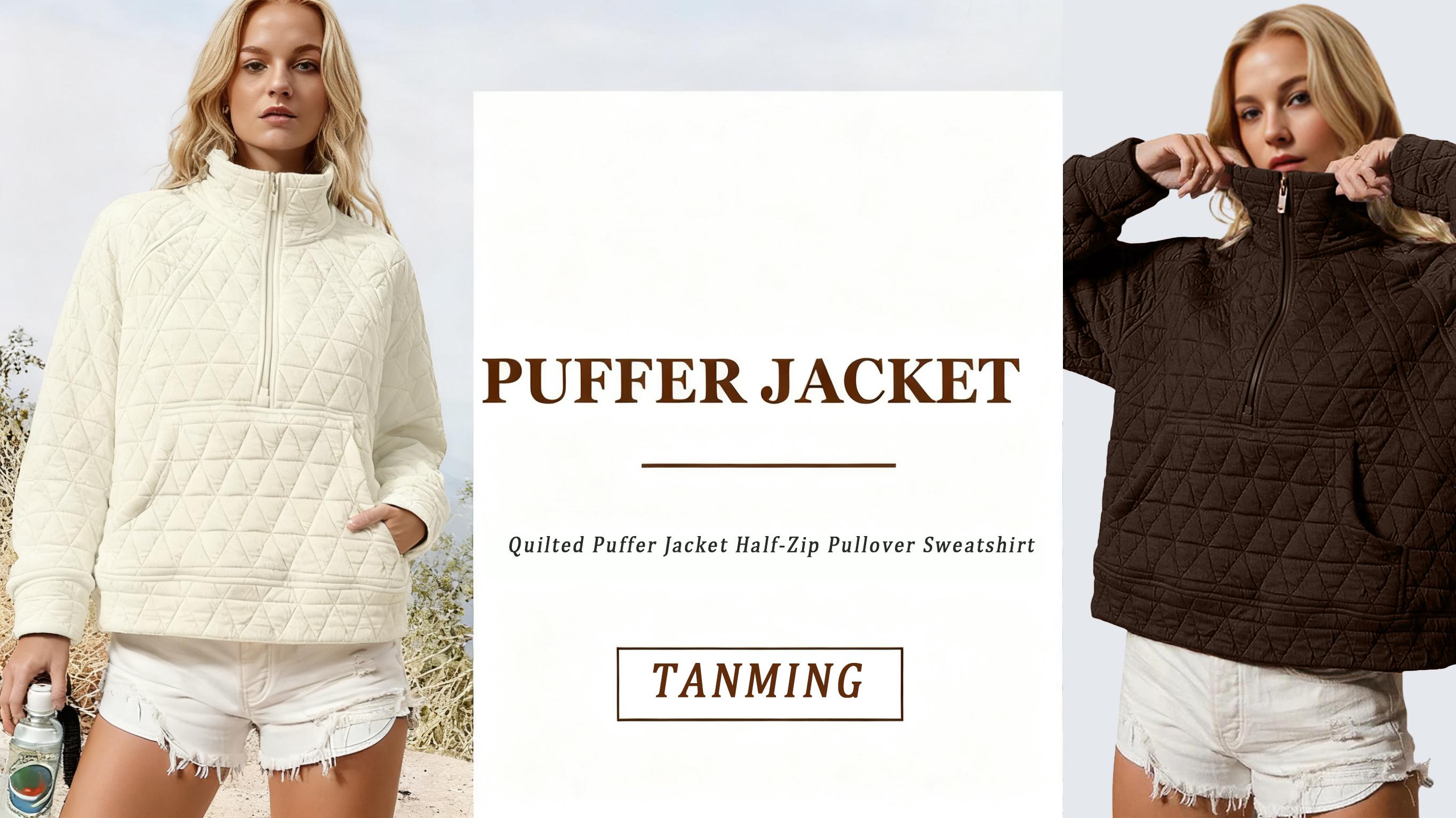 Tanming Women's Half Zip Quilted Puffer Jacket Long Sleeve Pullover Sweatshirt with Pocket Lightweight Fall Winter Casual Oversize Warm Outerwear TikTokShopBlackFriday