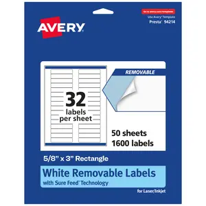 Avery Matte White Removable Rectangle Labels with Sure Feed Technology, 5/8" x 3"