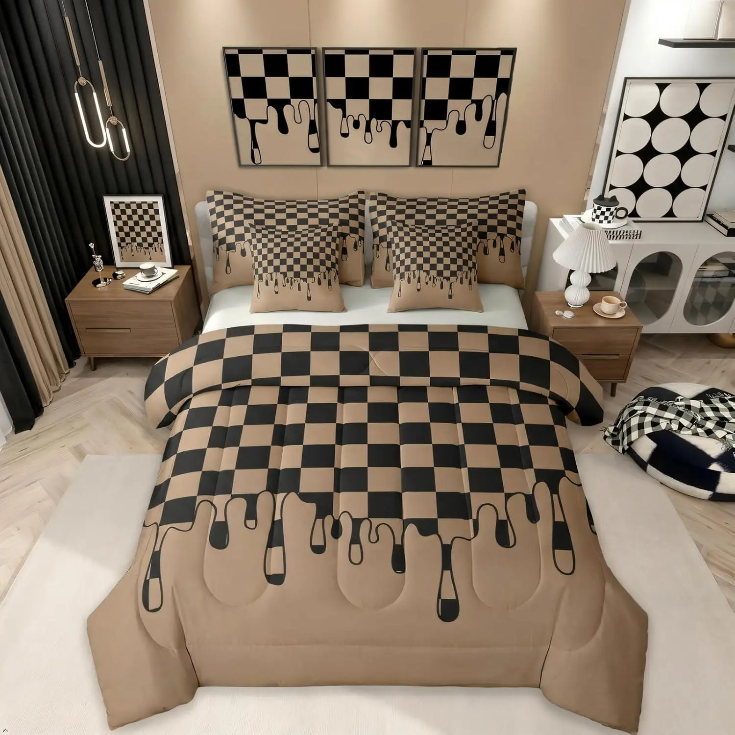 Feelyou 7-Piece Checkerboard Comforter Set Bed in a Bag - Tan, Black, Brown Checkered, Grunge Look, Modern Geometric, Retro 2000s Home Bedroom Decor, Multi-Size Bedding and Sheet Set, Seven Pieces