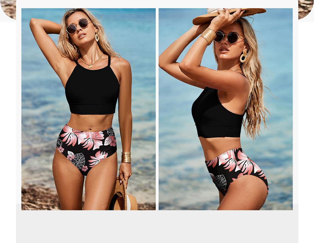 Aleumdr Women's Bikini Sets High Neck Tropical Leaf Print High Waisted Two Pieces Swimsuits Bathing Suits Sport Swimming Clothing Beach Floral Swimwear Top SpringStatements