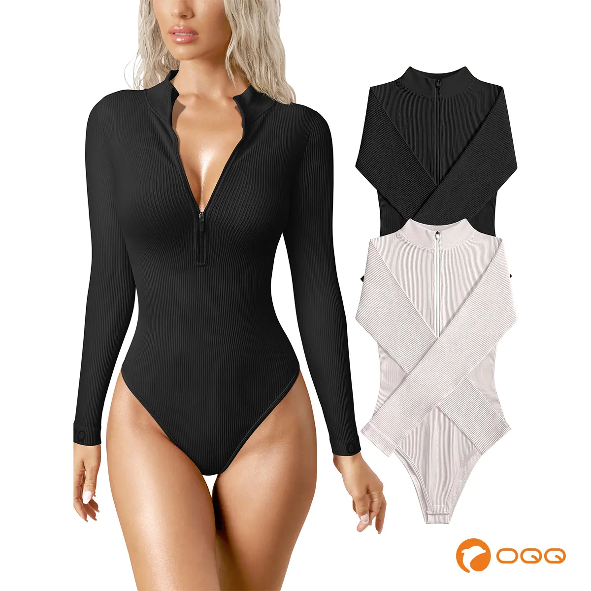 OQQ Women's 2 Piece Bodysuits Sexy Ribbed One Piece Zip Front Long Sleeve Tops Bodysuits,back to school,back to school shopping