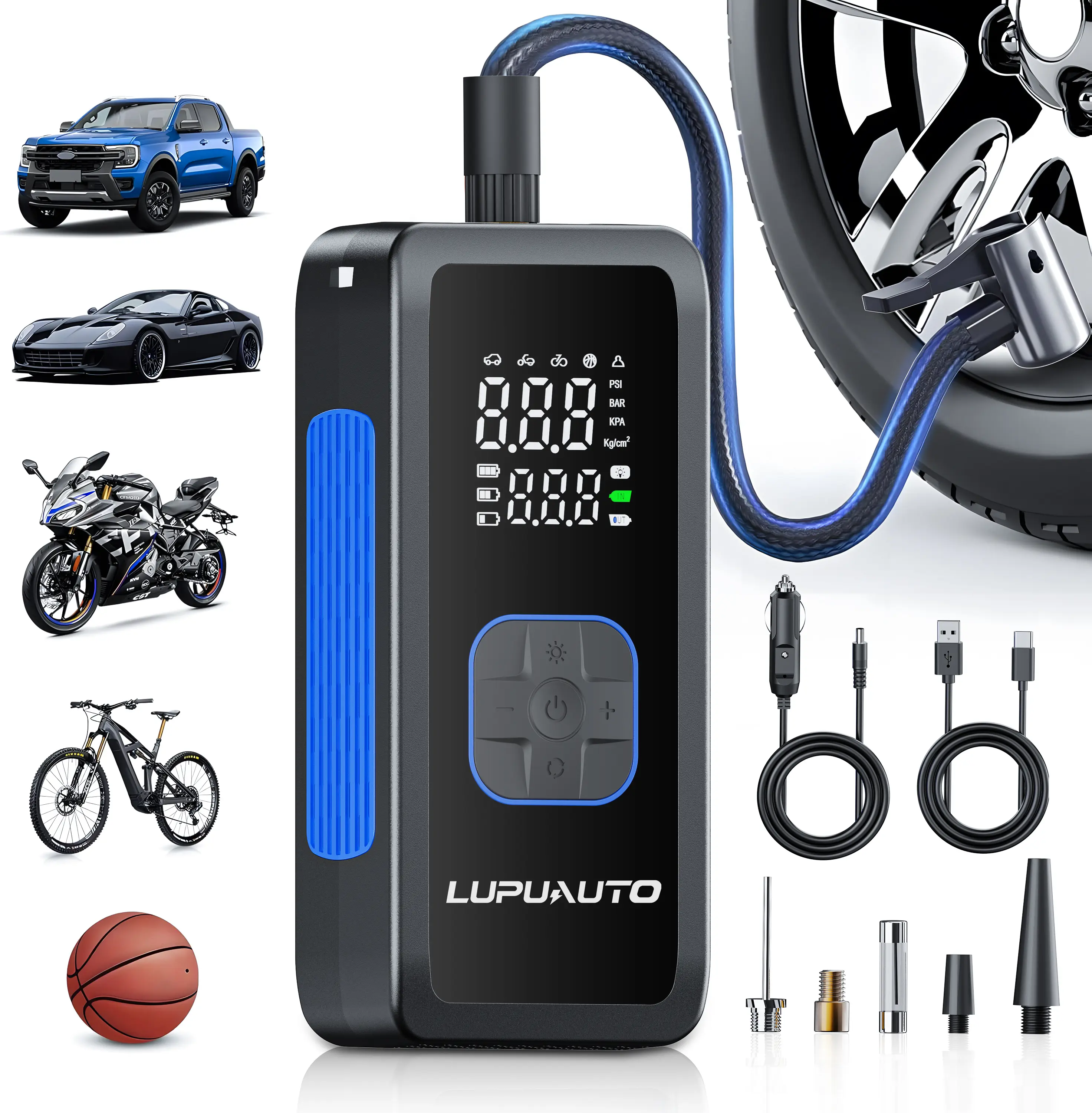 LUPUAUTO Cordless Compact Portable Tire Inflator 150PSI, Automotive Maintenance Tools with Digital Pressure Gauge, Auto Shut-Off, LED Light, 4 Modes for Car, Bike