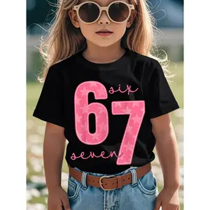 Girls' Funny 67 Number Graphic T-Shirt - Pink & Bold 67 Design with Hearts & Stars - Soft Stretch Knit Round Neck Casual Everyday & Birthday Outfit - Spring Summer Fall Playwear - Funny Age Number Tee for Girls (67 Years Old Humor) - Trendy Street S