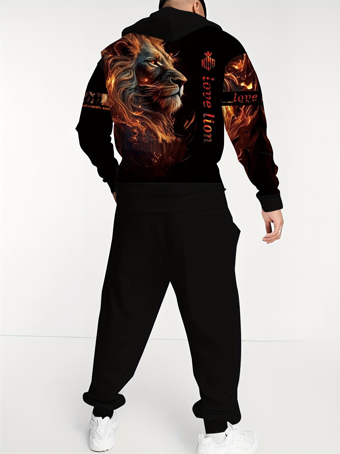 Flame Lion Two-Piece Activewear Set, featuring eye-catching flame print lion pattern design. The complete set is coordinated, made of soft fabric, with a futuristic street style, suitable for casual outings, fitness running, or gatherings.