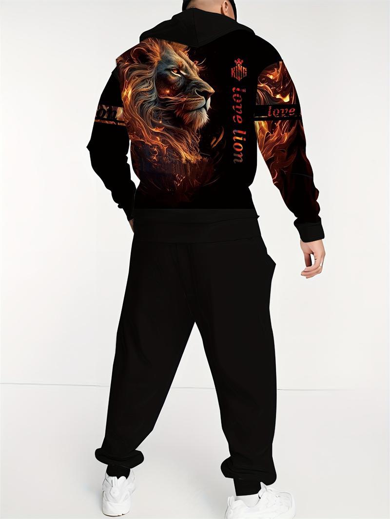 Flame Lion Two-Piece Activewear Set, featuring eye-catching flame print lion pattern design. The complete set is coordinated, made of soft fabric, with a futuristic street style, suitable for casual outings, fitness running, or gatherings.