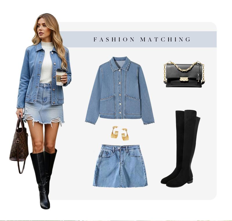 Sidefeel Women's Jean Jacket Long Sleeve Button Down Ruffled Denim Jacket Shacket