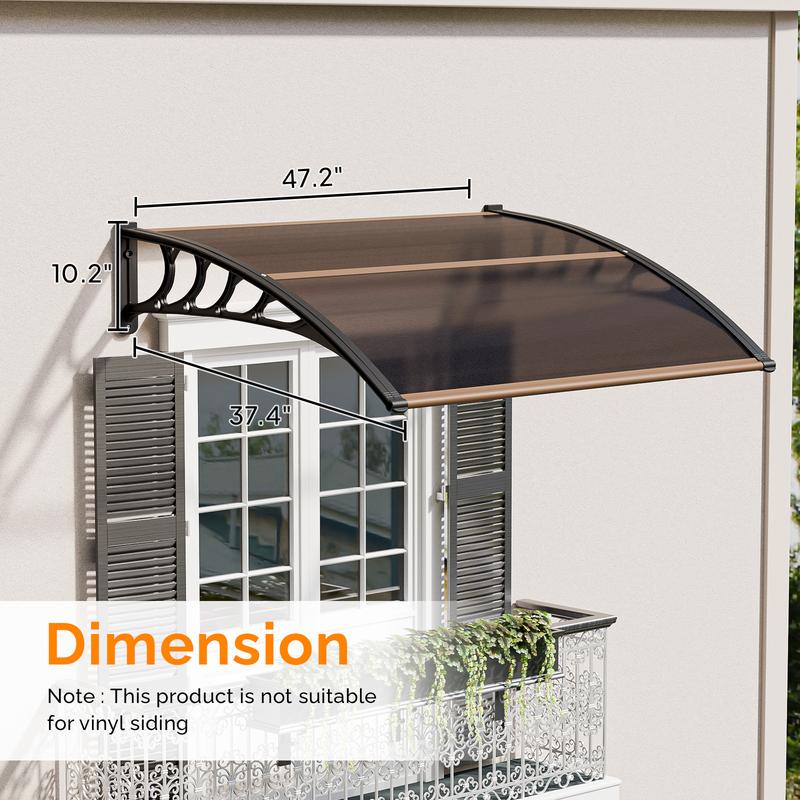 VINGLI Window Awning Door Canopy Exterior, Awnings for Doors Polycarbonate Cover Patio Door Awning Rain Snow Sunlight Protection Hollow Sheet (Brown Board & Black Bracket)