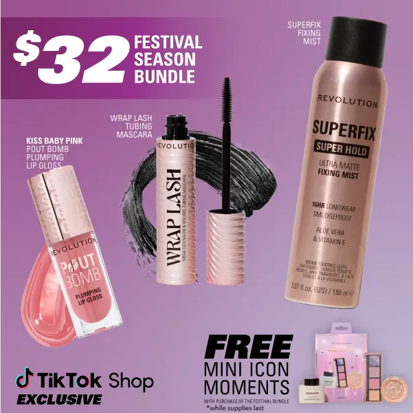 Revolution Festival Season Bundle: includes the Pout Bomb Plumping Gloss, Wrap Lash Tubing Mascara, & Superfix Misting Setting Spray