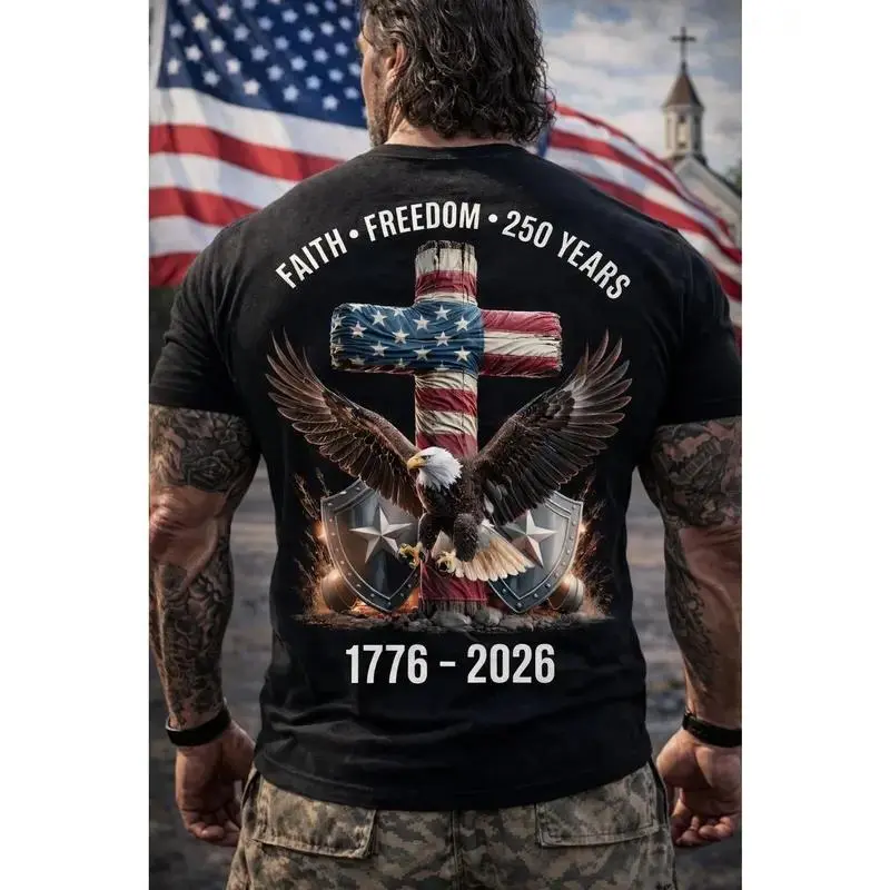 Majestic Bald Eagle With Us Flag And Cross T-shirt, Symsylizing Faith Hoodie, Freedom And 250 Years Of American Independence 1776-2026 Sweatshirt