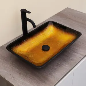 Logmey 22 Inch Glass Bathroom Vessel Sink, Art Glass Basin with Black Pop-Up Drain, Yellow Gradient Countertop Vessel Sink for Bathroom Renovation