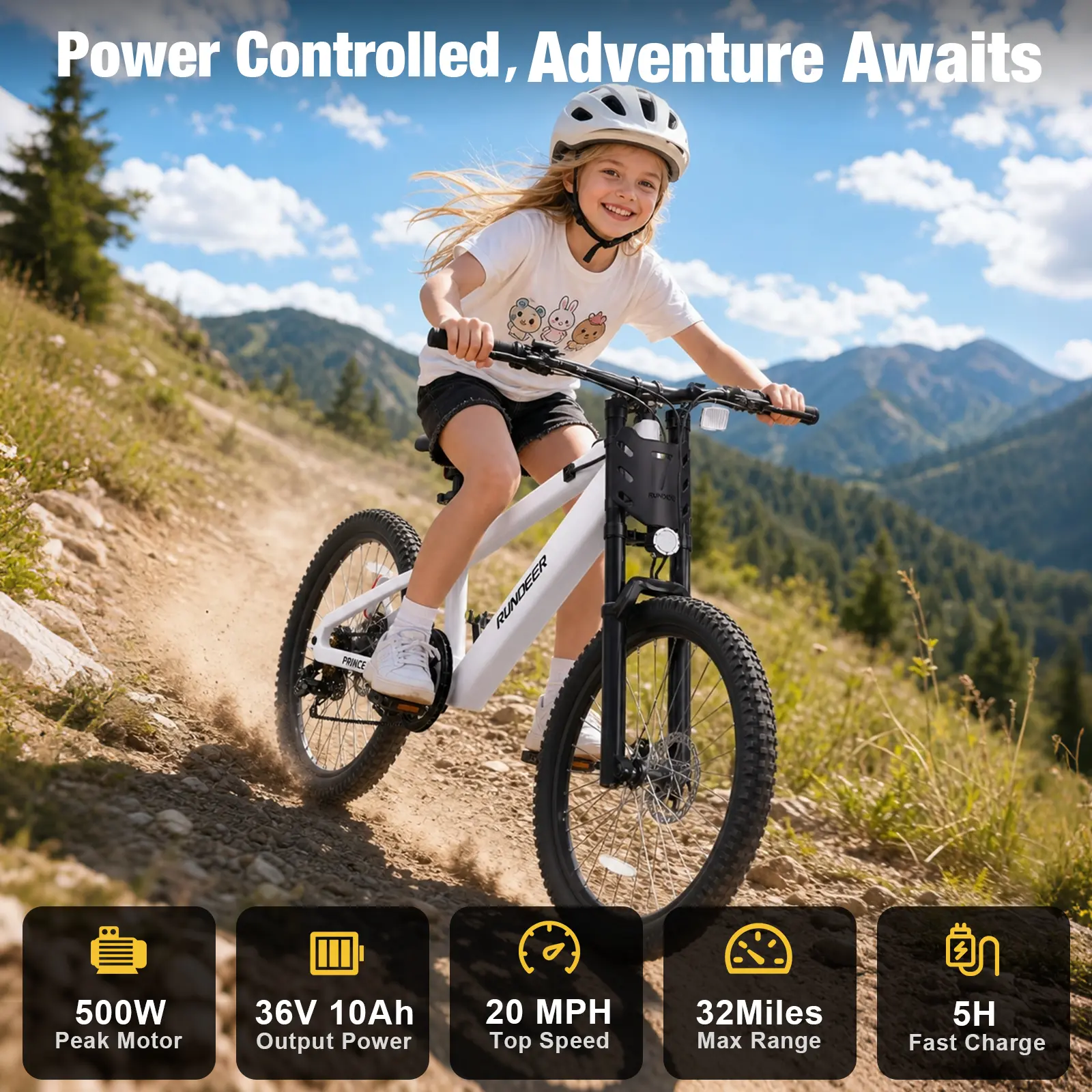 Rundeer Kids Electric Mountain Bike, Youth eBike for Ages 6-13, 250W Motor, 20 MPH Top Speed, 36V 10Ah Battery, Up to 32 Mi Range, Lightweight, 3 Riding Modes, Ideal for School Commutes & Outdoor Adventures