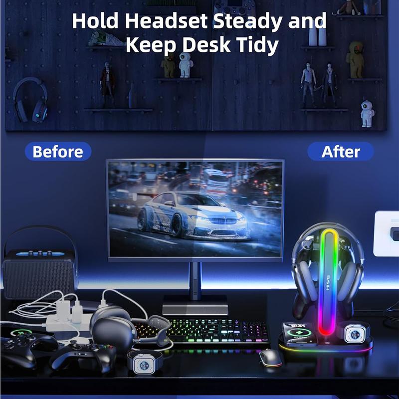 HiWe Universal RGB Gaming Headphone Stand with 2 Controller Holder, Wireless Charger for iPhone/iWatch,  Non-Slip Base, with USB-A & USB-C Outputs