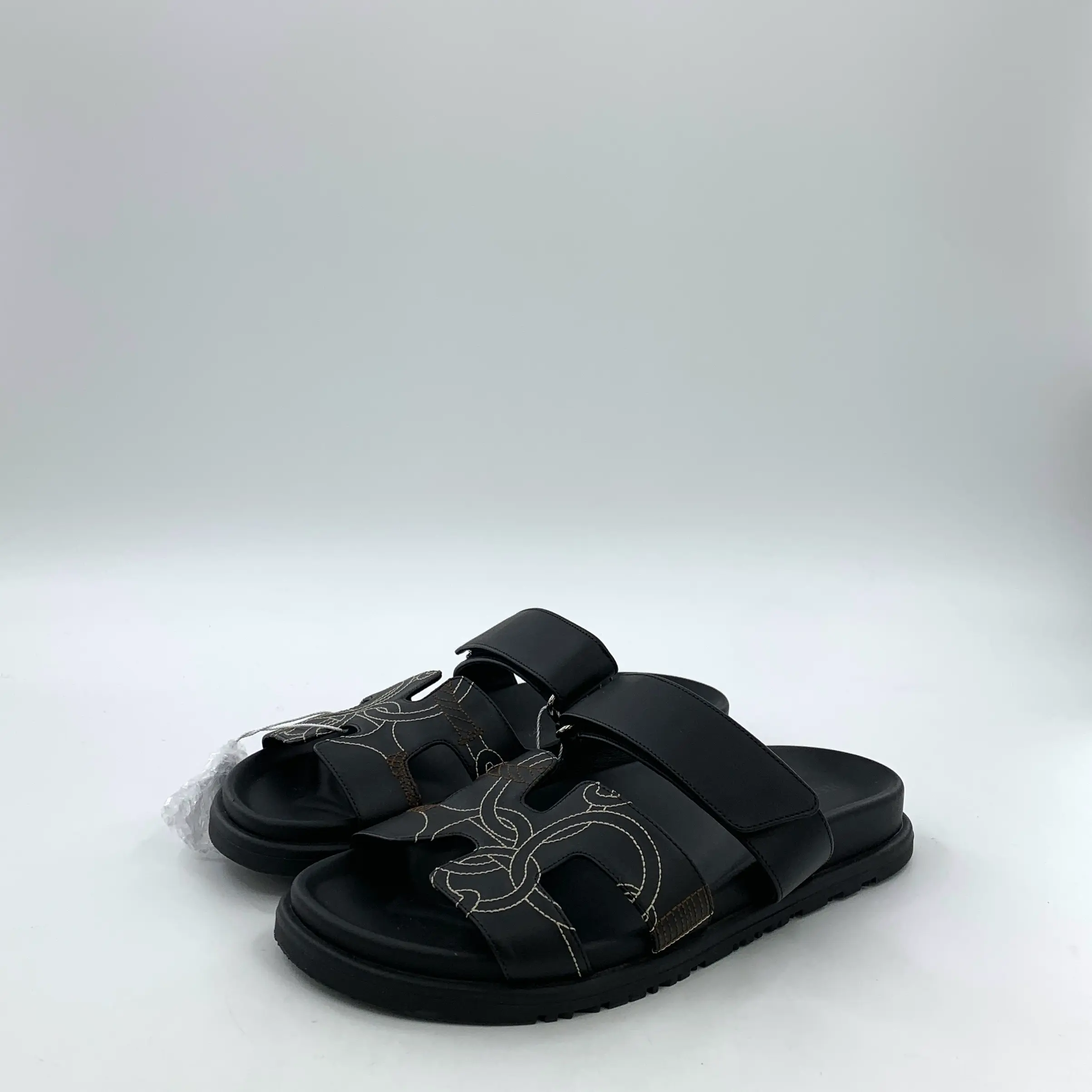 RDLT-Hermes Size 37.5 Chypre Black Lambskin Lock Print Strap Flat Slide Sandals-H35674