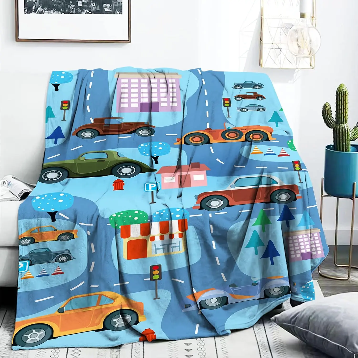 Car Blanket for Boys, Blue Car Throw Blanket for Toddler Boys, 40x50 Inches Monster Trucks Throw Blankets, Soft Fleece Car Blanket Boys Kids Throws Blankets for Shower Birthday Blankets