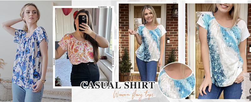 Women's Summer Floral Tunic Tops Short Sleeve Crewneck Casual Loose Pleated Blouse S-XXXL Everyday Boho Style