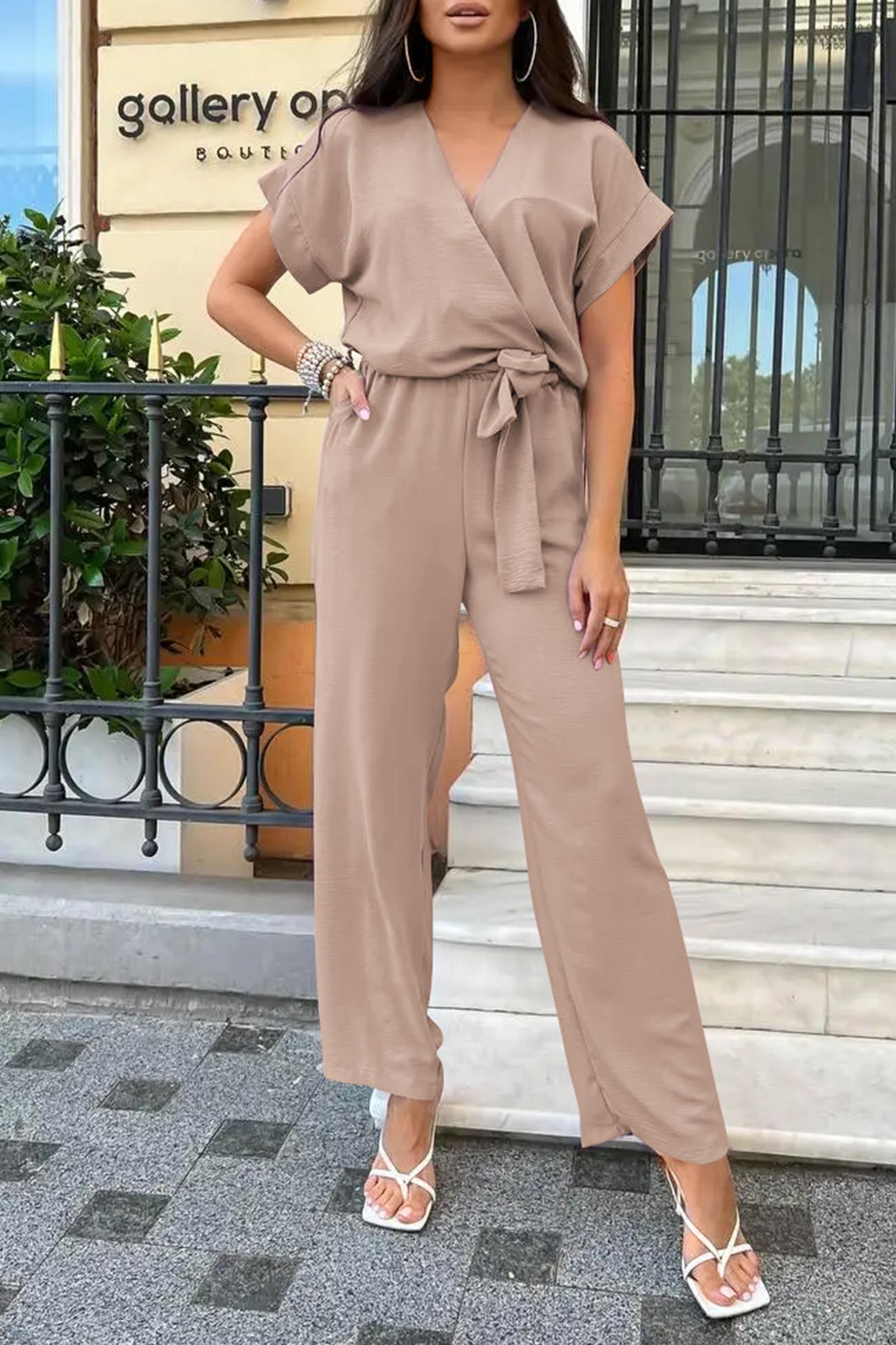 PrettyGarden Women's Jumpsuit Casual Short Sleeve Wrap V Neck Belted Wide Leg Pants Women‘’swear Dressy Romper