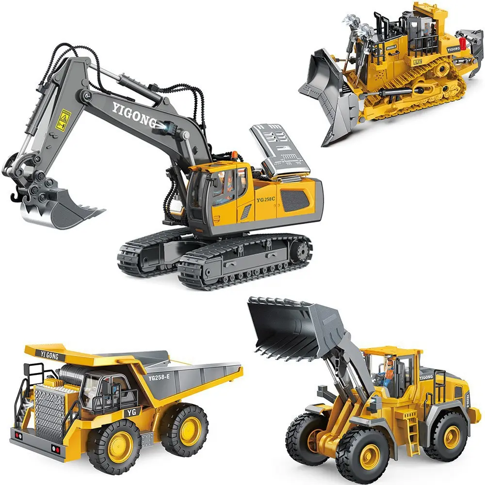 2.4G Alloy Body RC Excavator Dump Truck Set BC1043, Large Rechargeable Wireless Remote Control Construction Toy with Built-in Batteries, Hydraulic Lift Shovel, LED Lights, Music, Realistic Digging, Ideal Boy Gift for 10-12 Years, Yes, Hydraulics