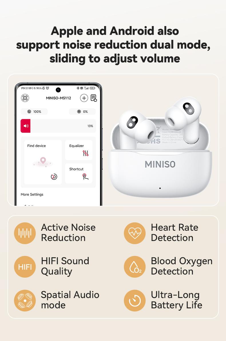 MINISO MS112 Wireless Earphones: Active noise cancellation, suitable for office, sports, studying, and audio calls, in-ear Bluetooth earphones, high-fidelity sound quality, USB-C charging.