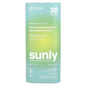 ATTITUDE Sunly, Mineral Sunscreen Stick, SPF 30, Unscented, 2.1 oz (60 g)