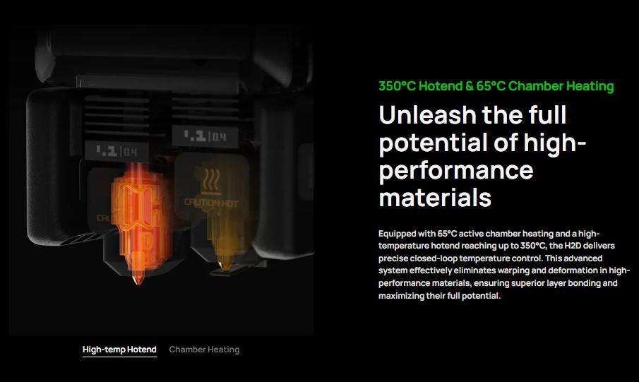 Bambu Lab H2D 3D Printer, Dual-nozzle Multi-material 3D Printing, Optional 10W/40W Laser and Cutting Module, 350*320*325 mm³ Print Volume, 5μm Resolution Optical Motion Calibration, Closed-loop Servo Extruder, 350°C Nozzle & 65°C Active Chamber Heating