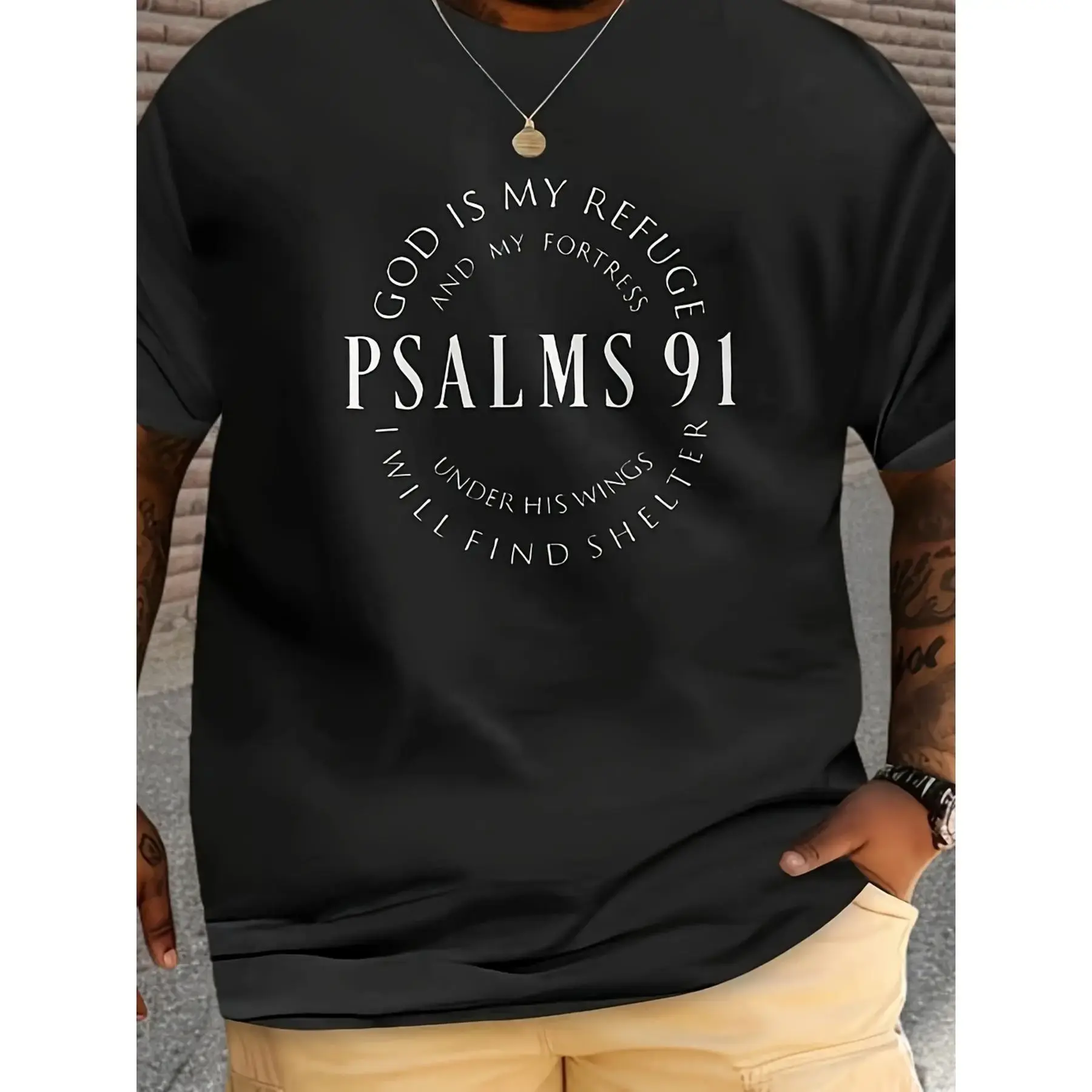 [100% Cotton] [ Psalms 91 Tee] Plus Size Crew Neck T-Shirt - Psalms 91 God Is My Refuge Print, Casual Sports Style,Regular Fit, 180Gsm - Black T-Shirt For Men And Women