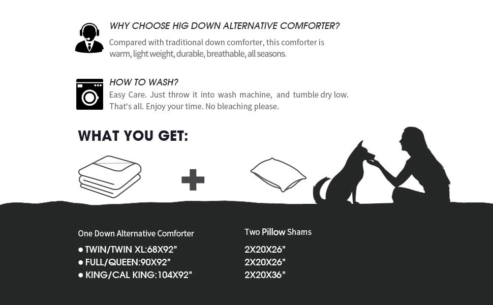 HIG 3PC Down Alternative Comforter Set - All Season Reversible Comforter with Two Shams happy  fluffy cloud bed