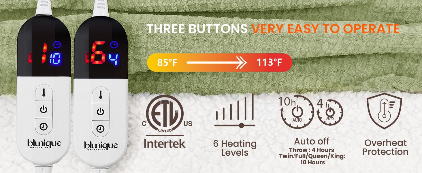 【Buy 2 get 1 poker blanket free】BLUNIQUE Heated Electric Waffle Sherpa Fleece Blanket Fast Heating 6 Levels 4H Auto-Off ETL-Certified Premium Waffle Sherpa Electric Blanket Automatic