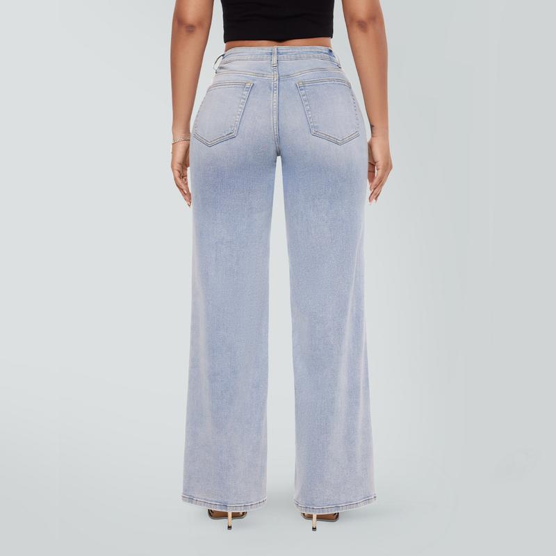 SHAPUM Mid-low Rise Women Baggy Jeans Casual Stretchy Loose Fit Straight Leg Jeans Distressed Pocket Wide Leg Long Denim Pants Comfortable Casual Floor-Length Trousers XS-XL