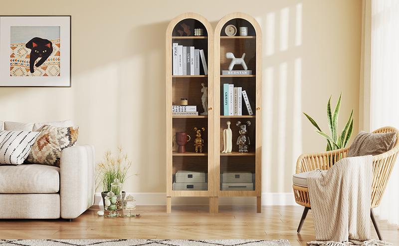 【New Upgrade】Giratree 66.93" H Arched Bookcase, 5-Tier Arched Cabinet Bookcase with Adjustable Shelves, Acrylic Glass Cabinet Door for Living Room, Reading Room and Bedroom
