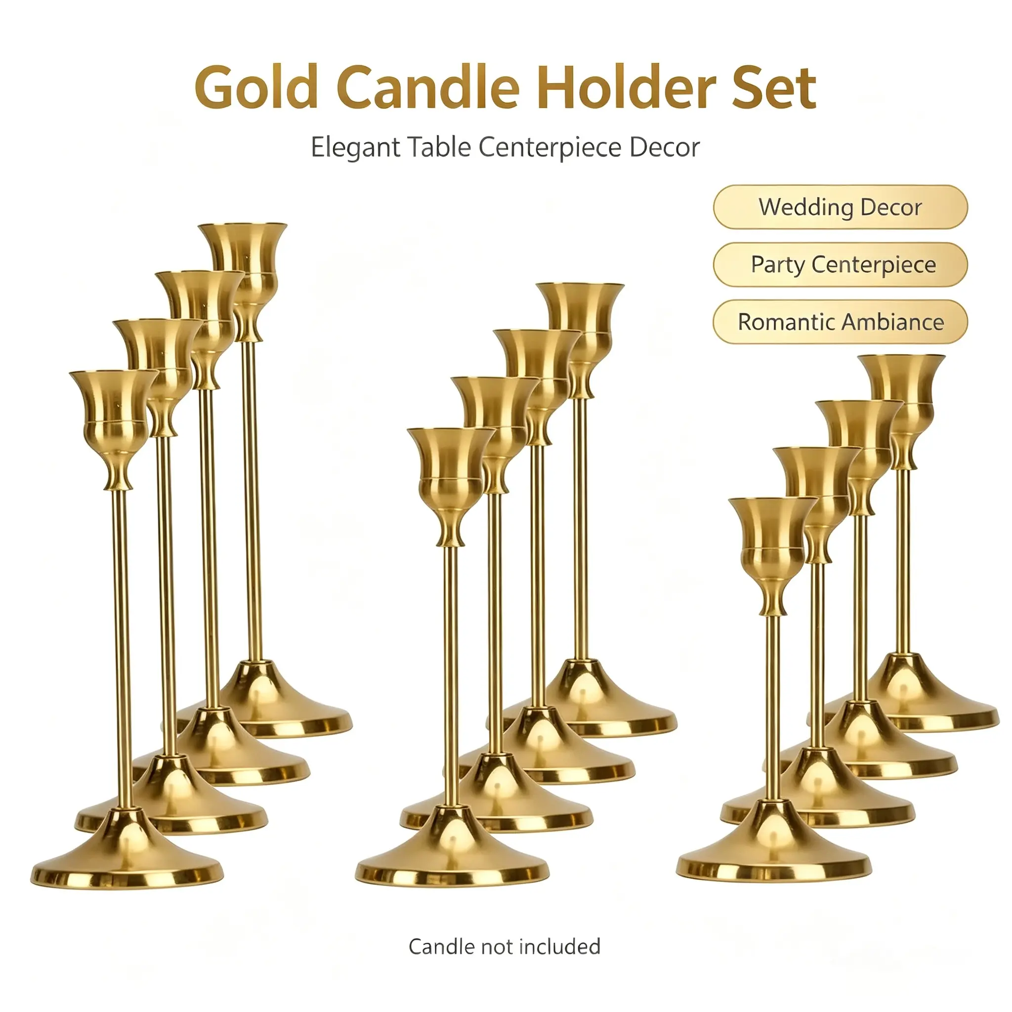 12-Piece Antique Bronze & Gold Taper Candle Holder Set, Vintage Modern Home Accessories, Interior Decoration Accessories for Living Room Festive Table Set, Christmas Home Decor (Candles Not Included)