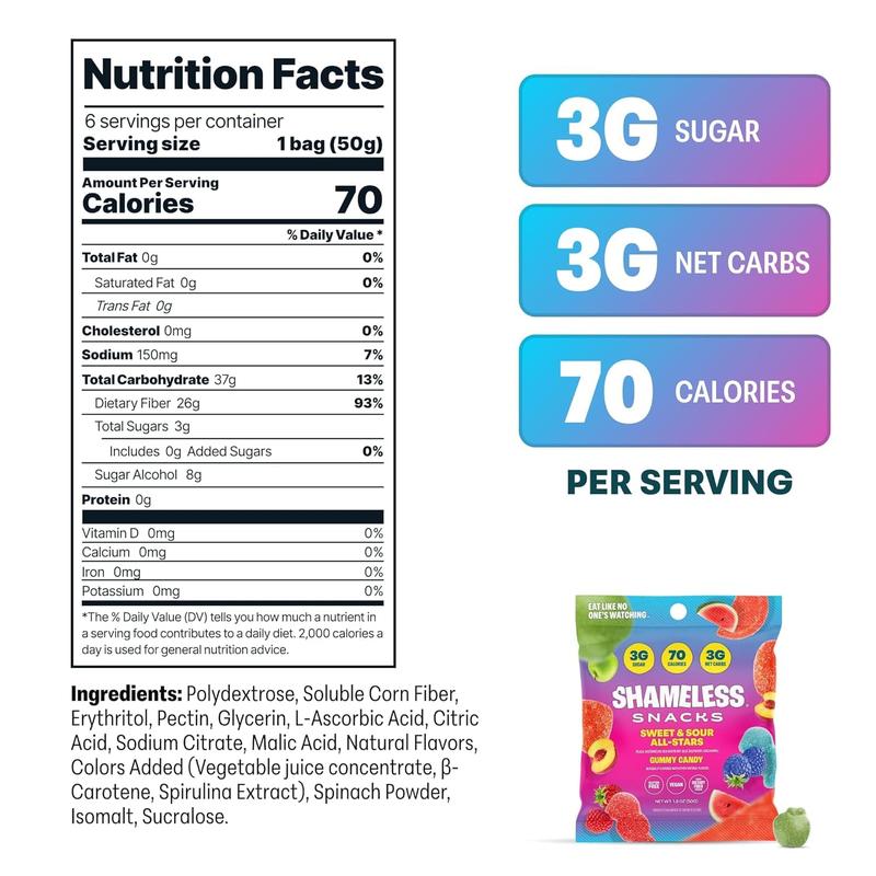 Shameless Snacks Sweet & Sour All-Stars, Sour Gummy Candy Variety Pack, Healthy, Vegan, Gluten-Free, Low Sugar, Fruit Snacks, Red Raspberry, Watermelon, Peach, Green Apple, Blue Raspberry, 6 Pack