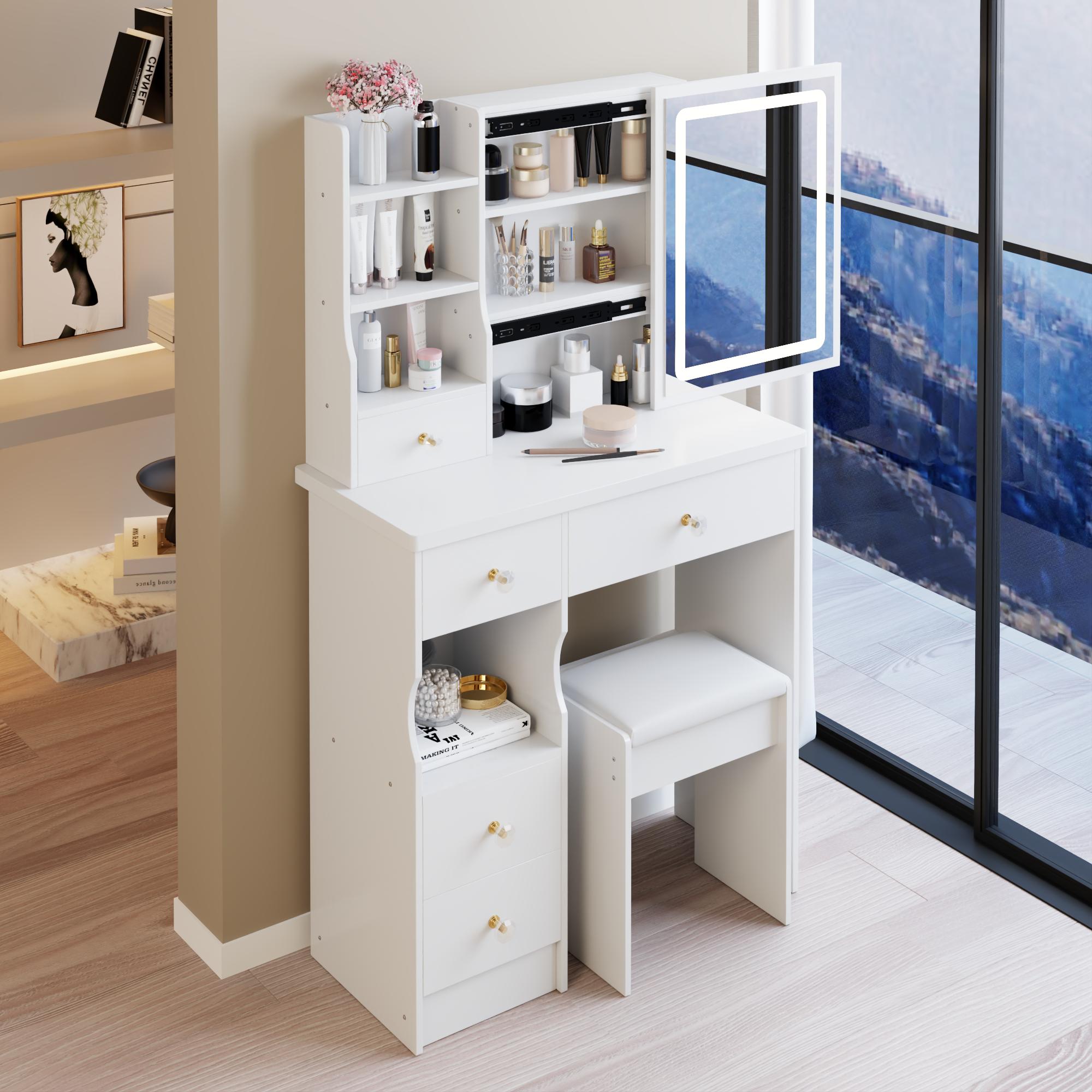 29.2" Small Size Left Drawer Desktop Vanity Table + Cushioned Stool, Large Sliding, Touch Control, Tri-color Switching, Brightness Adjust LED Mirror, High Capacity Storage, Suitable for Small Space 29.2" Small Size Left Drawer Desktop Vanity Table + Cushioned Stool, Large Sliding, Touch Control, Tri-color Switching, Brightness Adjust LED Mirror, High Capacity Storage, Suitable for Small Space