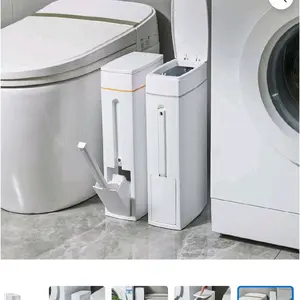 Slim Corner Bathroom Toilet Trash Can with Toilet Brush Holder, 4.5L Capacity, Space-Saving Design for Small Bathrooms, White, Includes Detachable Bucket and Press-Top Lid