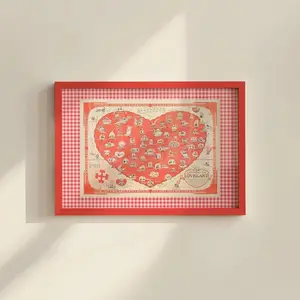 Vintage Valentines Day Print Love Wall Art Heart Map of Loveland Red Gingham VDay Poster Printable February 14 Artwork P