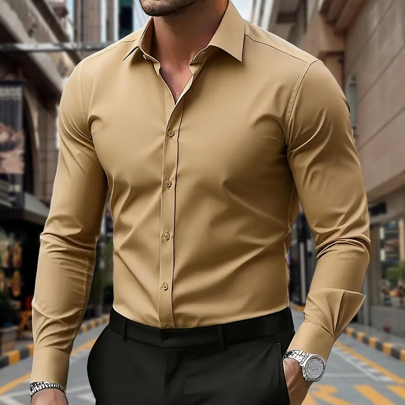Men's Fashion Casual Shirt - Long Sleeve Solid Color Style, Collared Button Design, Polyester Fabric, Comfortable and Breathable, Suitable as a Holiday Gift, For Outings, Casual Parties, Dates, Light Business