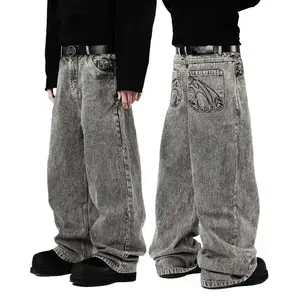 Retro Street Harajuku Hip Hop Embroidered Washed Loose Straight Leg Jeans for Men and Women Can be used with raincoat