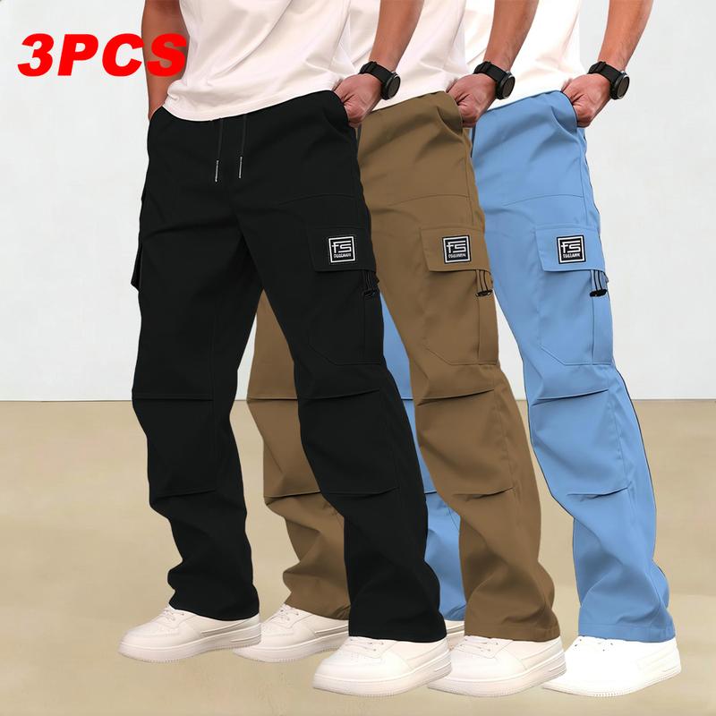 Men's multi-pocket work pants, 3-pack, suitable for all seasons and machine washable; mid-rise with drawstring closure; non-stretch polyester fabric; casual wear with pockets; versatile cargo pants