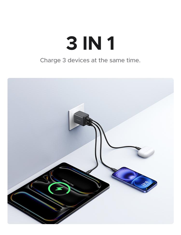 UGREEN 30W 2C1A/20W 1C1A/45W 4CIA GaN PPS Compact Fast Wall Charger Block USB-C Power Adapter for iPhone Galaxy S25/S24/S23 with Free Gift US Plug 2 USB C + 1 USB A，TikTokShopHolidayHaul