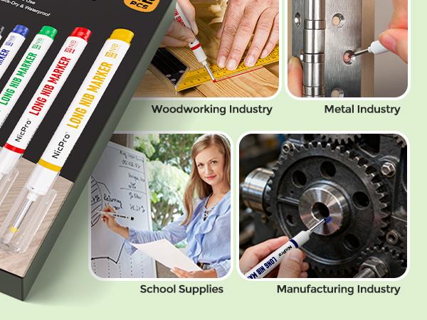 Nicpro Long Nib Marker Pens, 20mm Deep Hole Markers, Quick Dry & Waterproof Construction Marker, Long Head Mark Pens for Metal, Steel, Tile, Glass, Carpenter Marking Tool for Woodworking