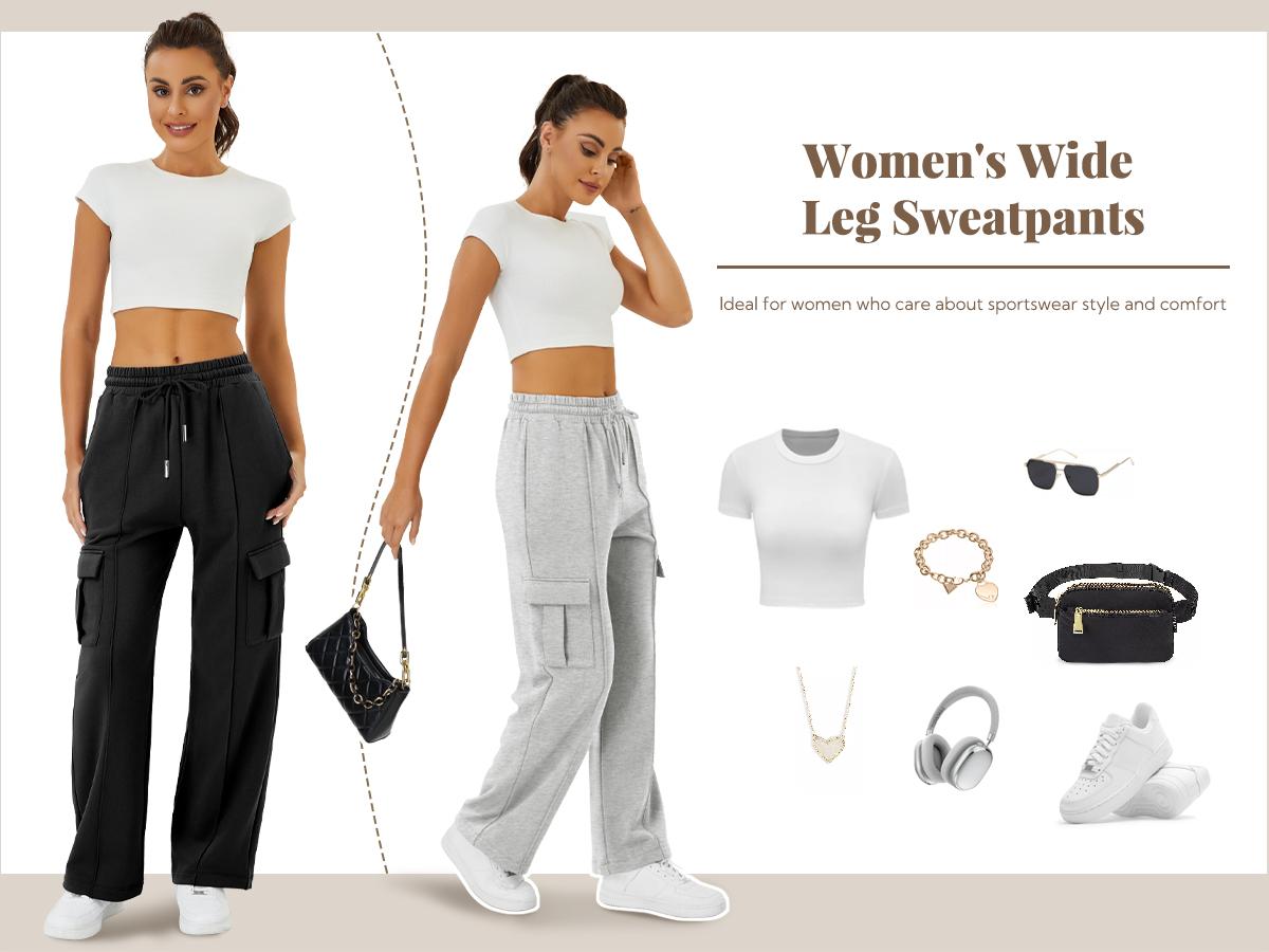 FireSwan Women’s Cargo Sweatpants Fleece Lined Wide Leg Pants Drawstring High Waisted Baggy Lounge Pants with Pockets