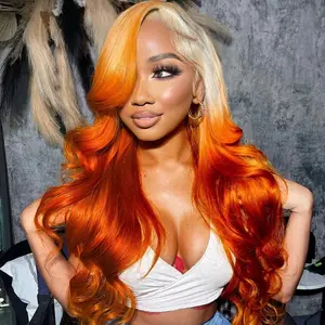 Zlike 28 inch 613 Blonde Ombre Highlight Ginger Orange 13x4 Transparent Lace Front Human Hair Wigs