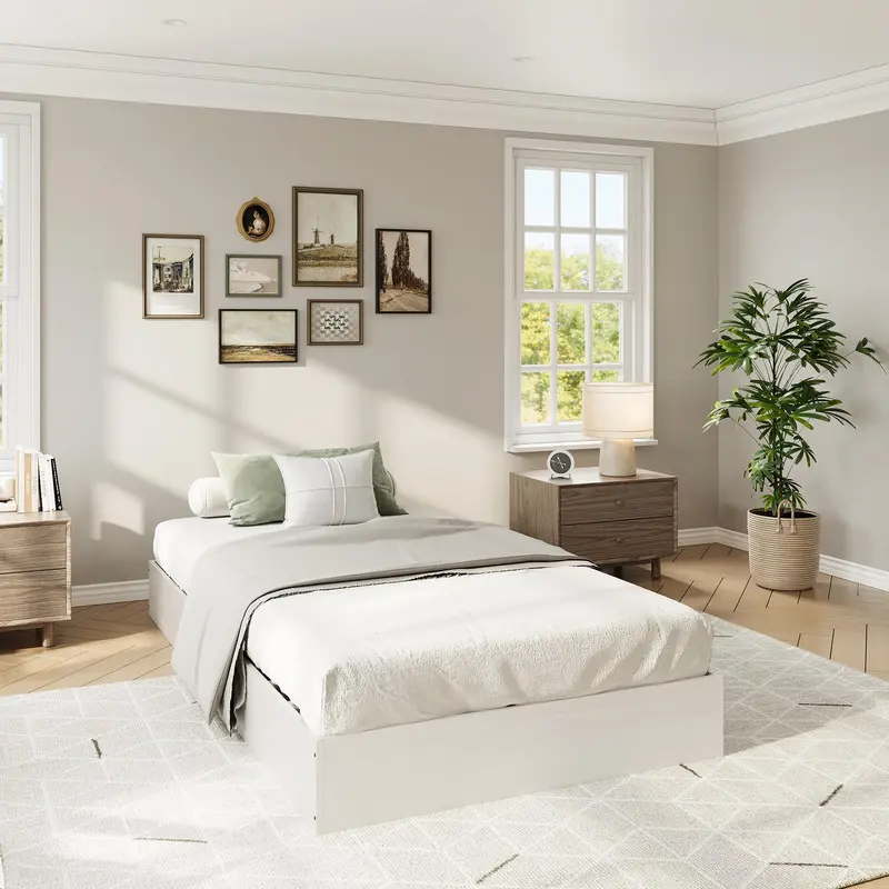 Wood Platform Bed with Sturdy Wooden Slats, Twin Size Floor-Standing Bed Frame, Minimalist Design Space-Saving Bed Frame, No Box Spring Needed, White