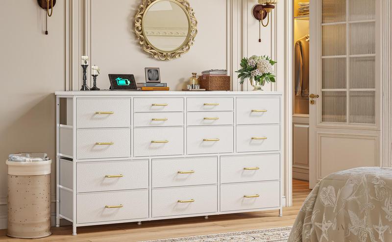 [24H-Support]Raybee TV Stand Dresser with 12/16 Drawers, Large Fabric Home Storage Organizer&Drawer Chest, Wide Entertainment Center with Charging Station & USB Ports for Living Room, Bedroom, Apartment; Modern Media Console Cabinet Tower for Home Décor