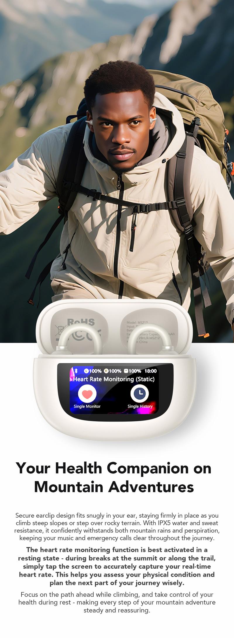 MINISO MS212 Clip-On Ear Headphones with Heart Rate Monitoring Wireless Audio Headphones for Music & Phone Calls, IPX5 Sport Waterproof & Sweatproof, with LCD Full Color Touch Screen, Bluetooth 6.0 Headsets, Heart Rate Health Management