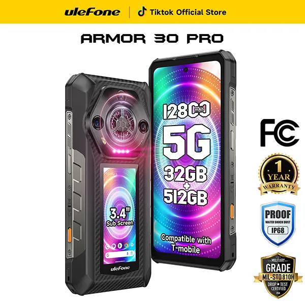 Ulefone Armor 30 Pro 5G/Armor 30 4G Dual Main Screens Unlocked Rugged Phone, 6.95''FHD+120Hz+3.4''+60Hz, Infinite Halo 2.0 & 118dB Loudspeaker, 32G+512G,Android 14, 12800mAh/25500mAh Huge Battery,64Night Camera +50MP+32MP,IP68/IP69 ,GPS NFC Smartphone, Ce