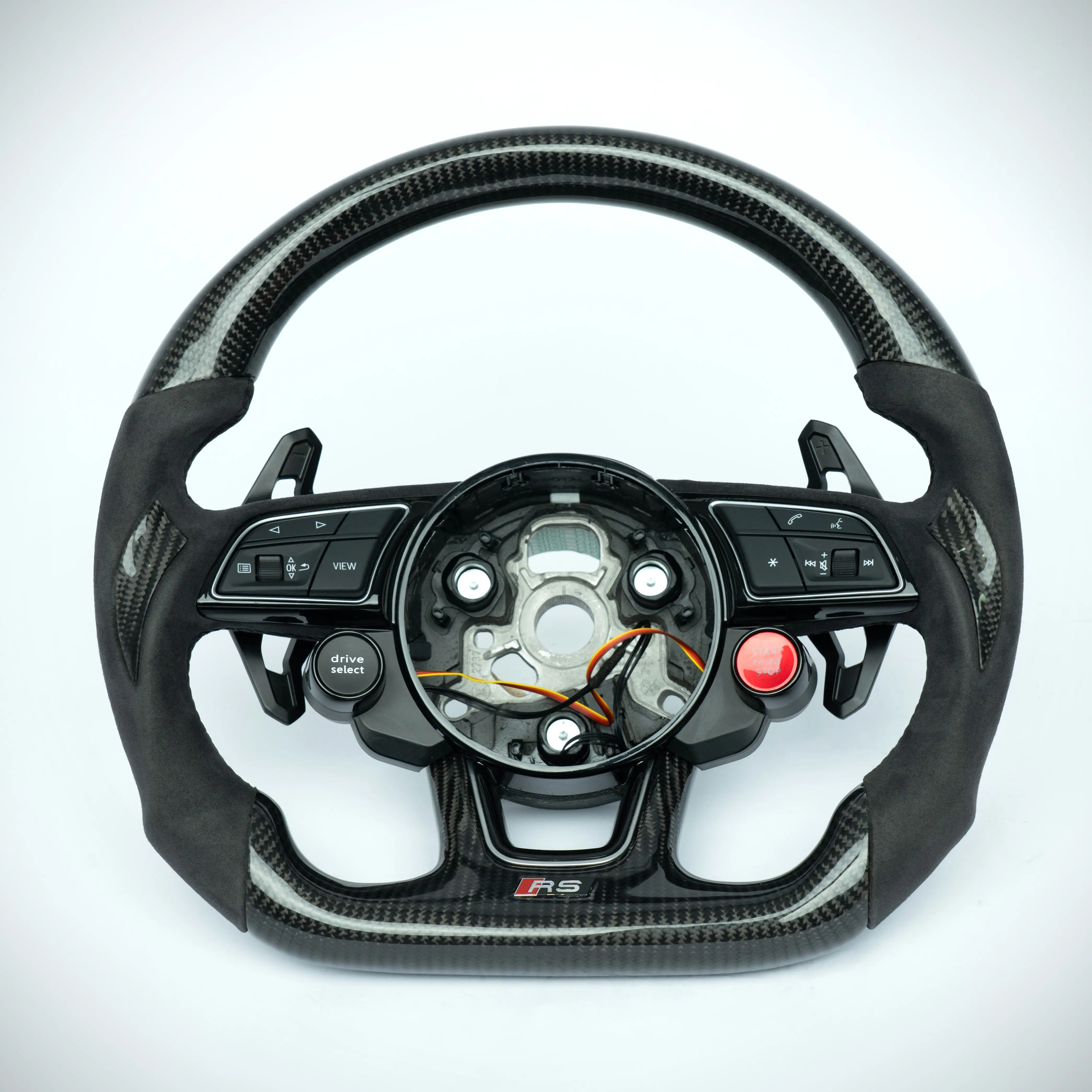 Audi Flat-Bottom Matte Carbon Fiber Steering Wheel with Suede Grips, White Center Marker – Car Interior Accessory Upgrade Part for Car Tuning