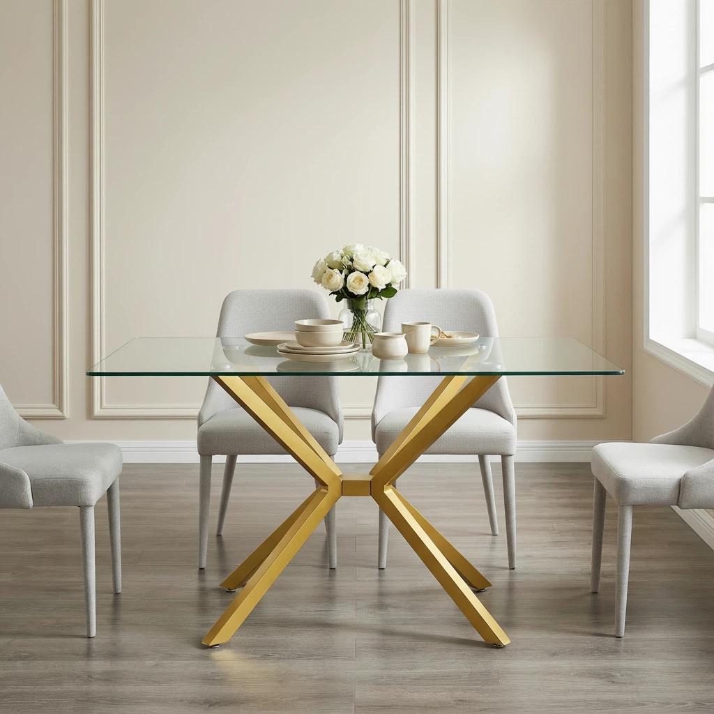 47.24" Rectangular Glass Dining Table with Metal Legs - Modern Kitchen & Dining Room Table, Stylish Durable Design Interior，Golden