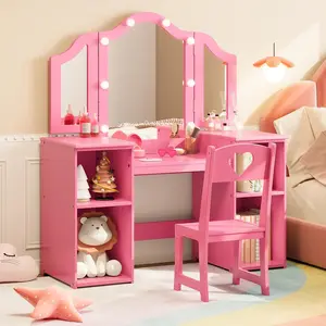 Kids Vanity Table and Chair Set with Lighted Mirror, 2 in 1 Princess Vanity Set with Open Bookshelf, Storage Cabinet & Shelves, Adjustable Mirror and Detachable Top for Little Girls, Pink