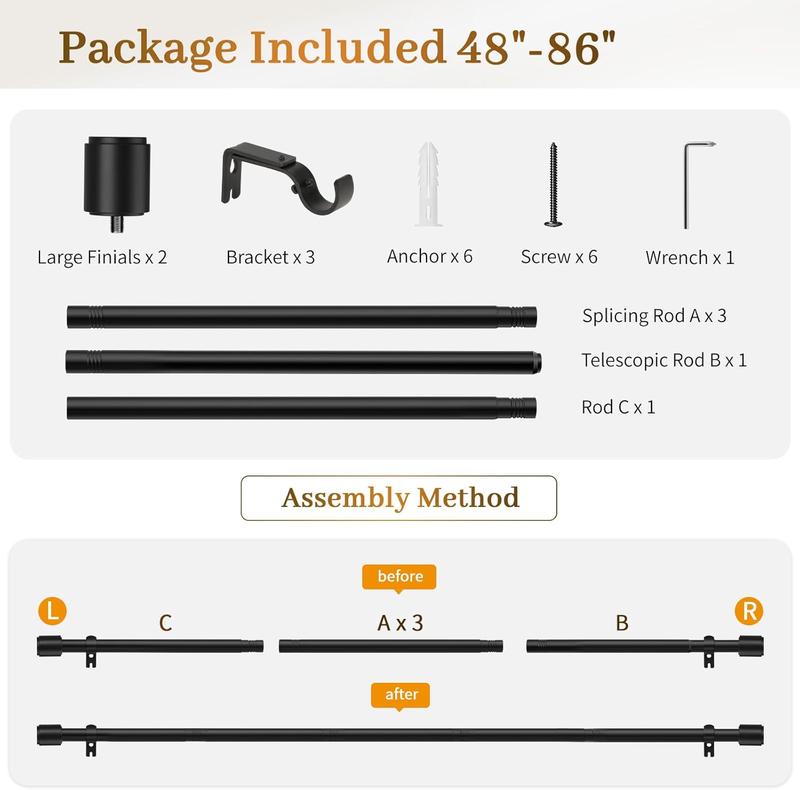 Inovaday Heavy Duty Stable Curtain Rods for windows, Adjustable Window Rod with Finials, 1 Inch Drapery Rod for Bedroom, Living Room, Outdoor Patio